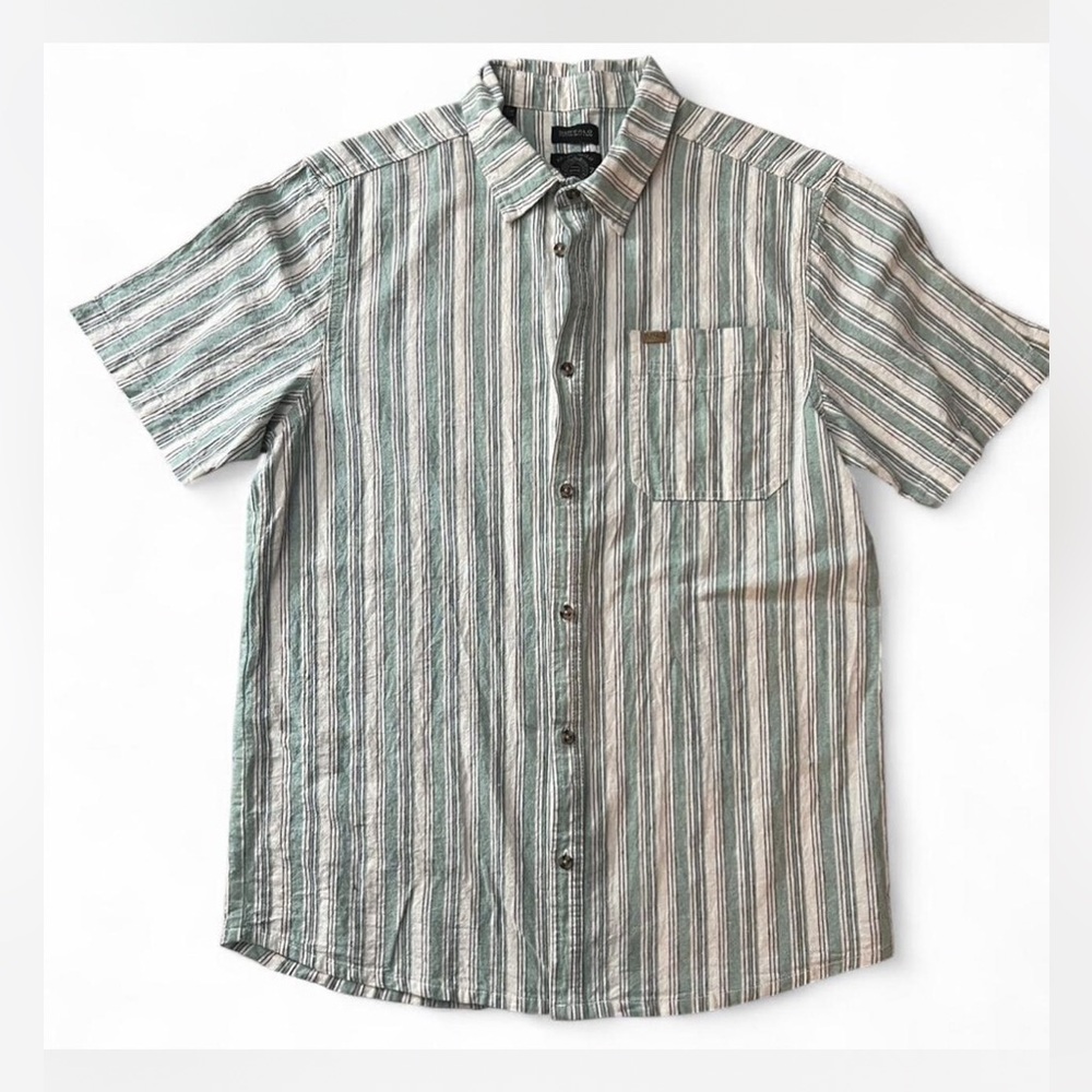 Costal Prep Vertical Striped Cotton Linen Blend Short Sleeve Button Down Shirt